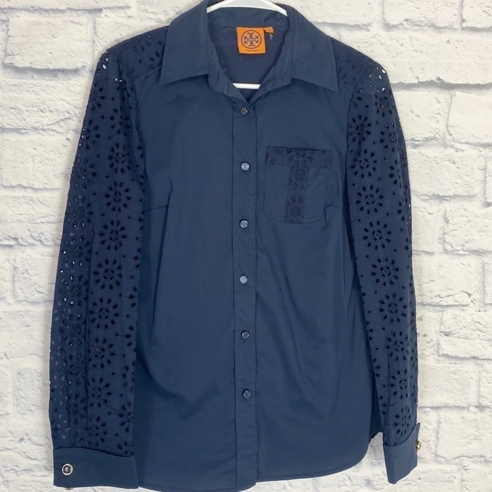 Tory Burch navy blue Liam eyelet sleeve button down top size 4